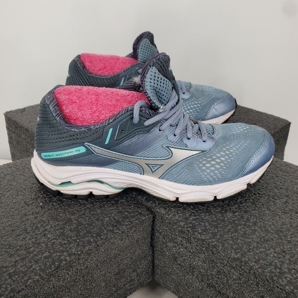Mizuno Shoe Women's 7.5 Wave Rider 15 Grey Turquoise Athletic Running Sneakers - Picture 5 of 14
